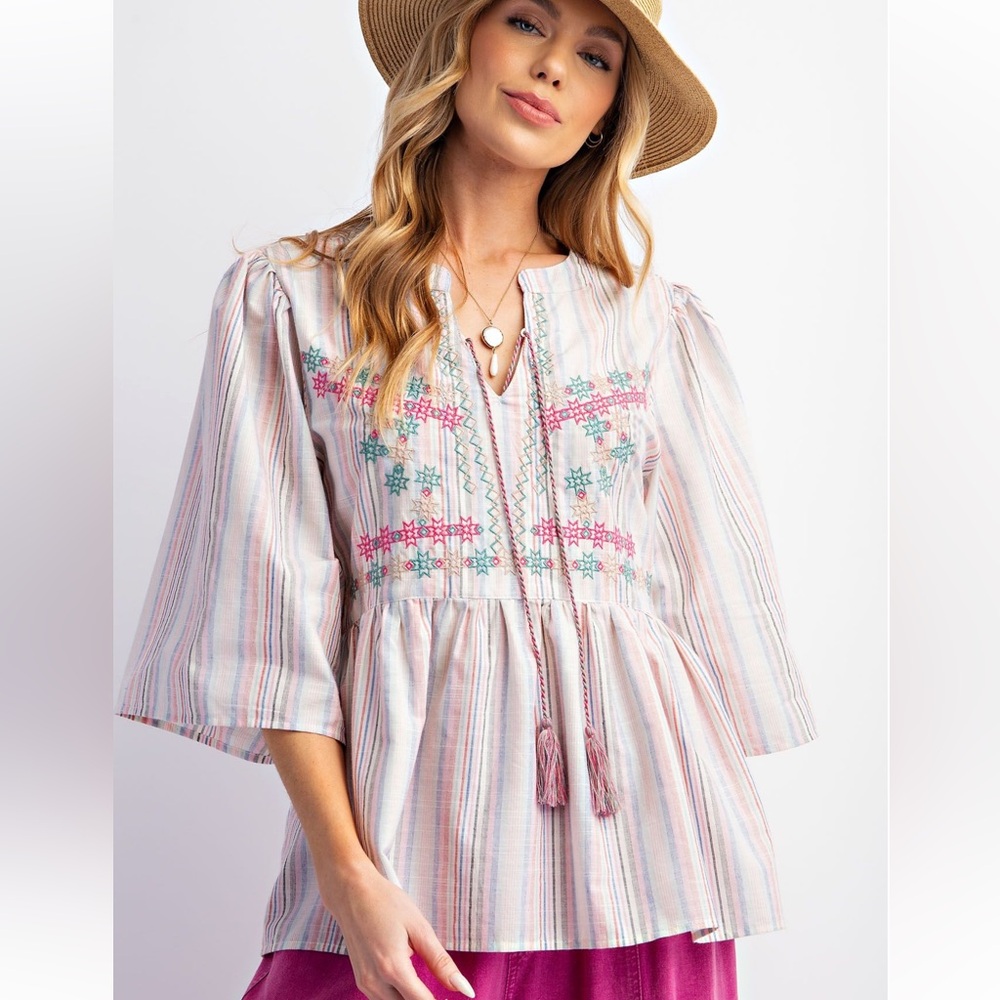 Easel STRIPED COTTON LINEN EMBROIDERED TOP - Picture 3 of 3